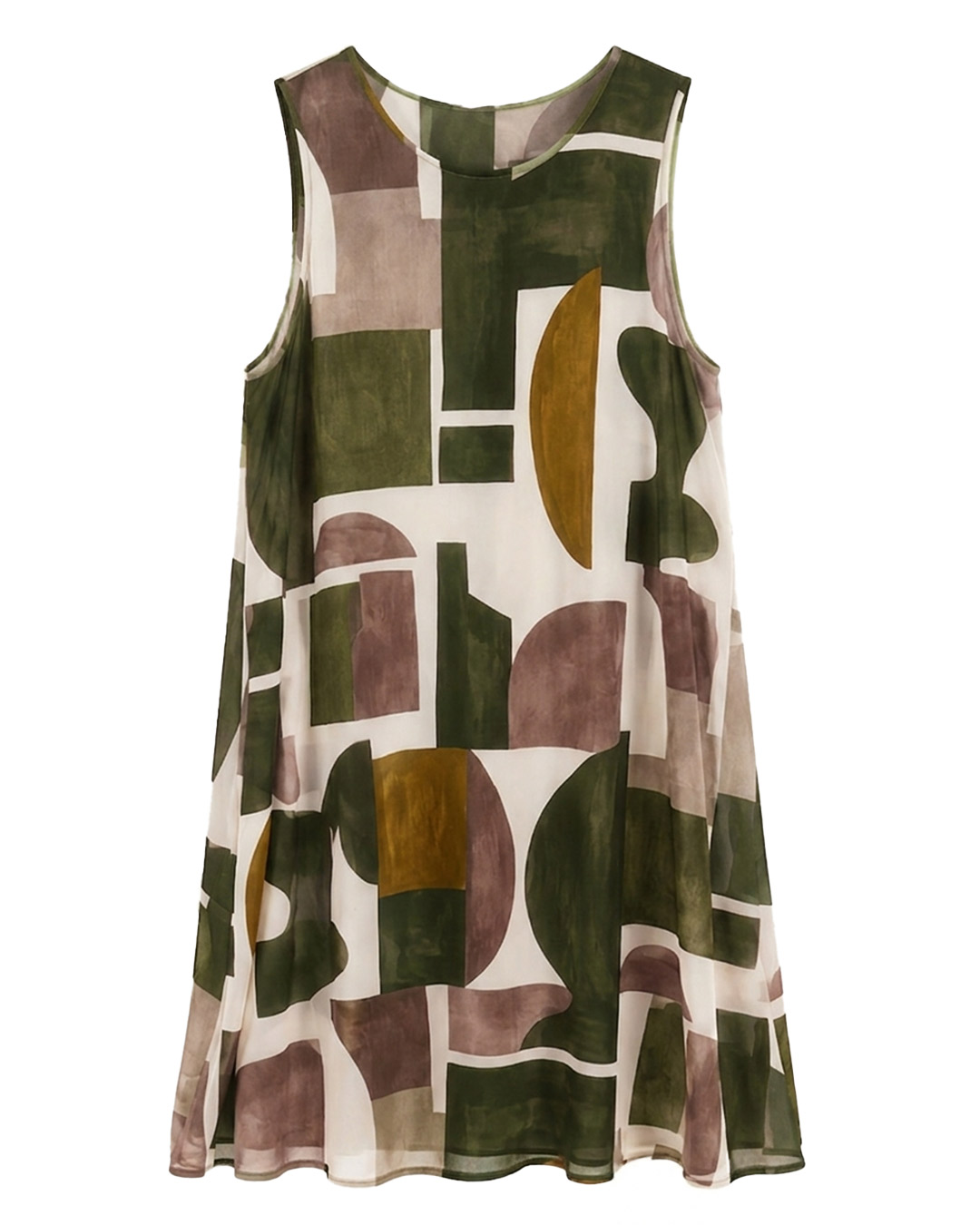 Vestido Armonía: vestido corto sin mangas para mujeres reales de tallas curvy con estampado geométrico abstracto y cuello redondo de Quiles_Shop.