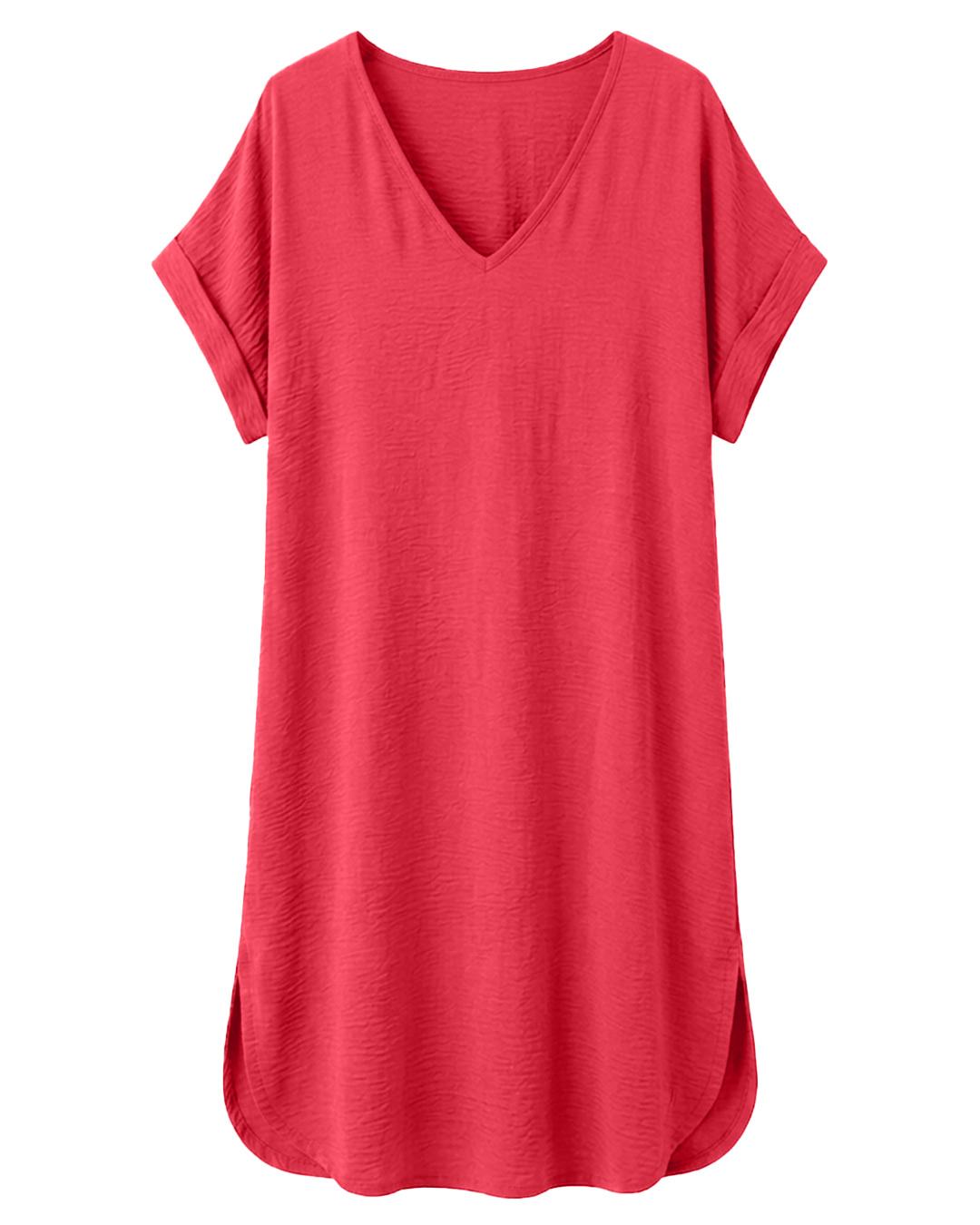 Vestido Boho Chic: vestido midi fluido de estilo túnica para mujeres reales de tallas curvy con escote en pico, manga corta integrada y bajo redondeado con aberturas laterales de Quiles_Shop.