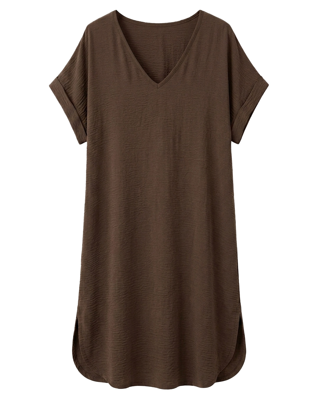 Vestido Boho Chic: vestido midi fluido de estilo túnica para mujeres reales de tallas curvy con escote en pico, manga corta integrada y bajo redondeado con aberturas laterales de Quiles_Shop.