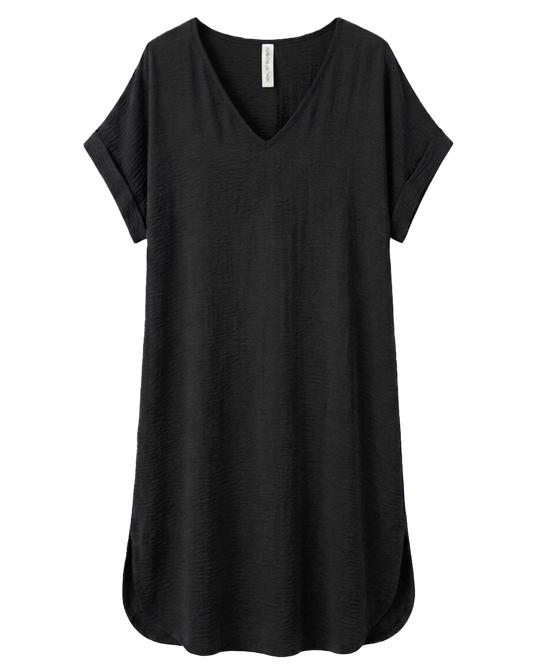 estido Boho Chic: vestido midi fluido de estilo túnica para mujeres reales de tallas curvy con escote en pico, manga corta integrada y bajo redondeado con aberturas laterales de Quiles_Shop.