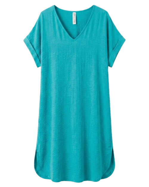 estido Boho Chic: vestido midi fluido de estilo túnica para mujeres reales de tallas curvy con escote en pico, manga corta integrada y bajo redondeado con aberturas laterales de Quiles_Shop.