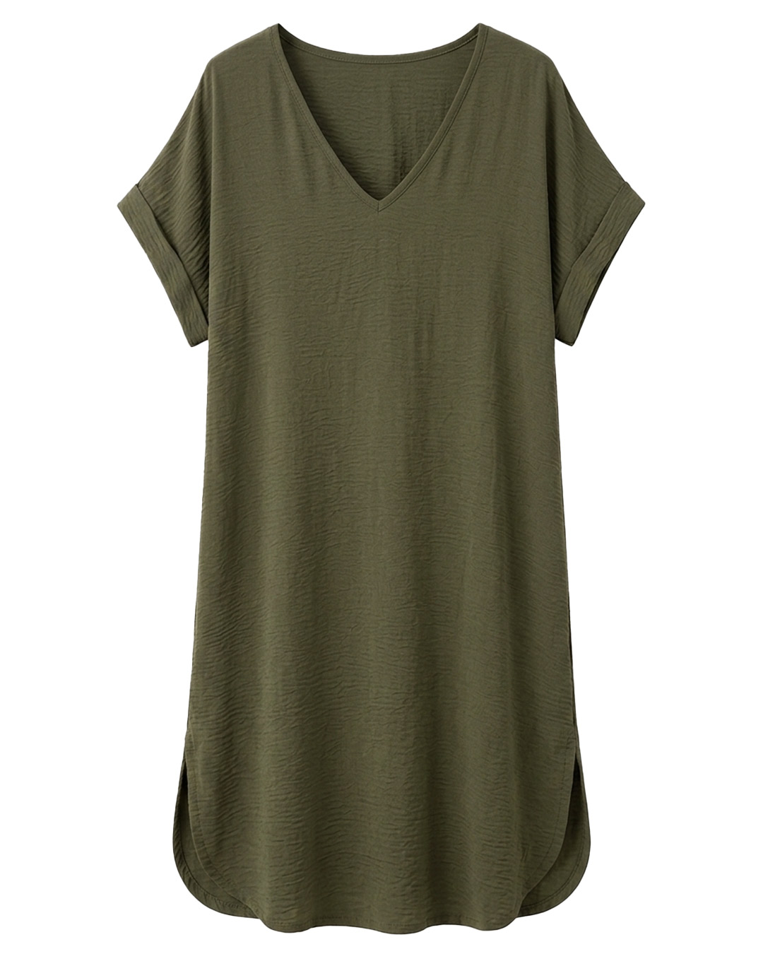 Vestido Boho Chic: vestido midi fluido de estilo túnica para mujeres reales de tallas curvy con escote en pico, manga corta integrada y bajo redondeado con aberturas laterales de Quiles_Shop.