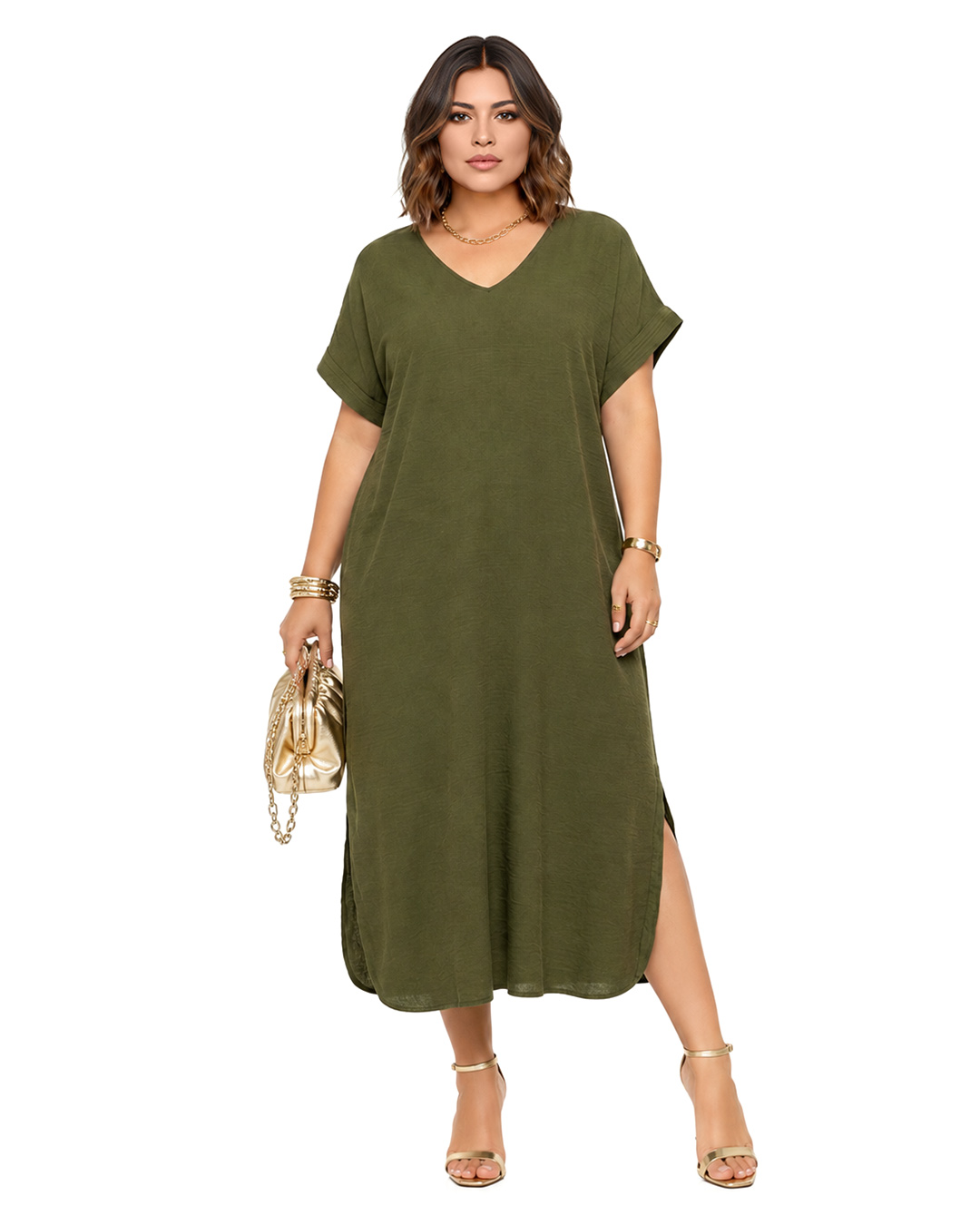 Vestido Boho Chic: vestido midi fluido de estilo túnica para mujeres reales de tallas curvy con escote en pico, manga corta integrada y bajo redondeado con aberturas laterales de Quiles_Shop.