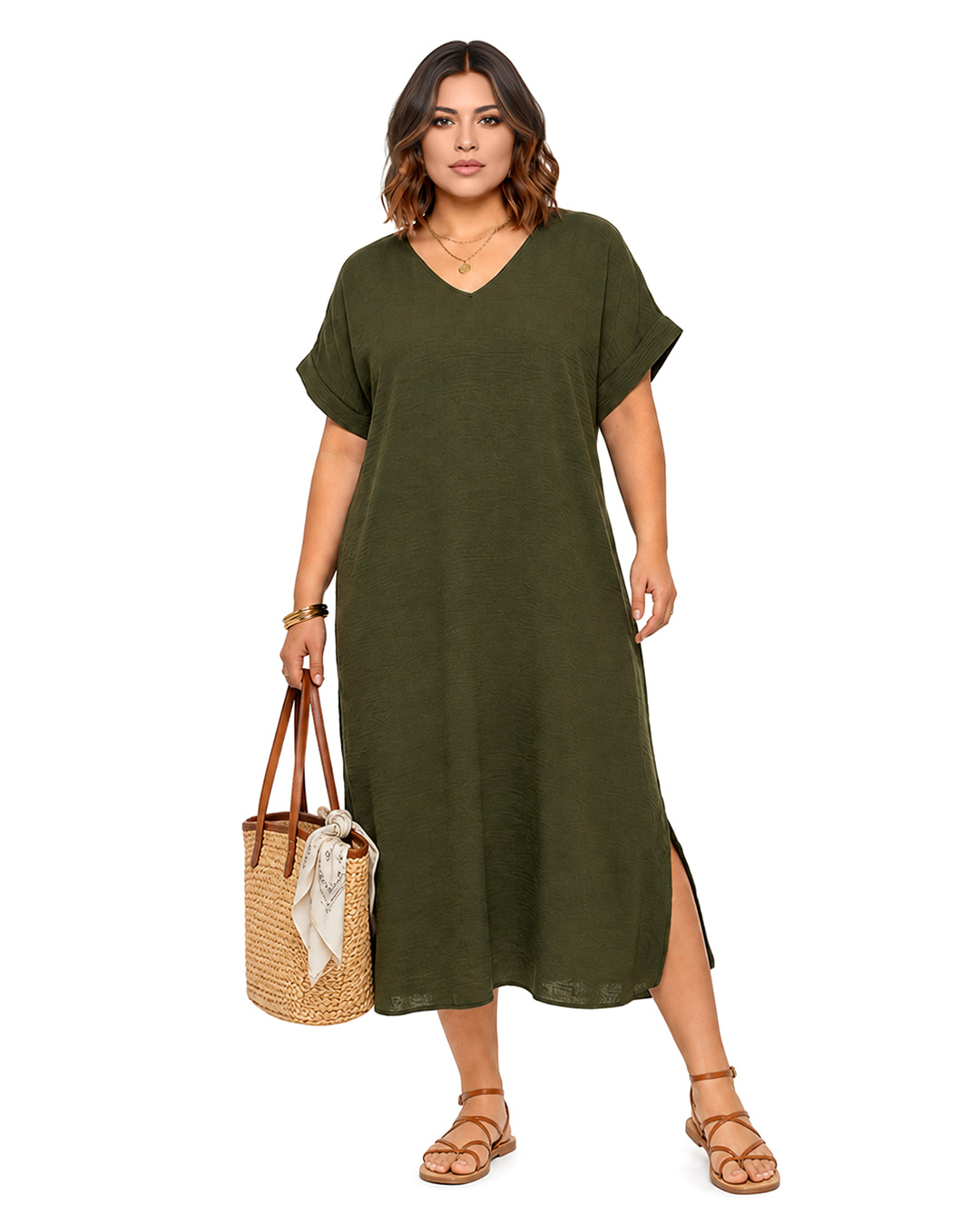 Vestido Boho Chic: vestido midi fluido de estilo túnica para mujeres reales de tallas curvy con escote en pico, manga corta integrada y bajo redondeado con aberturas laterales de Quiles_Shop.