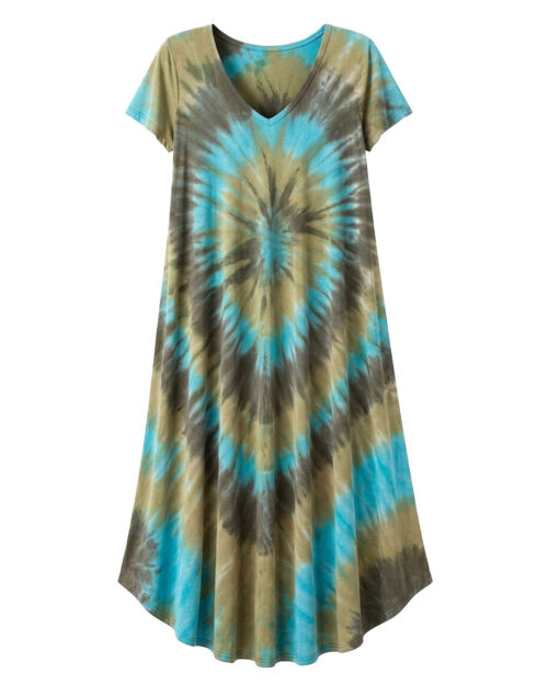 Vestido Bora Bora: vestido largo de diario con escote en pico, bajo asimétrico en picos y estampado tie-dye turquesa en tejido fluido de viscosa de Quiles_Shop.