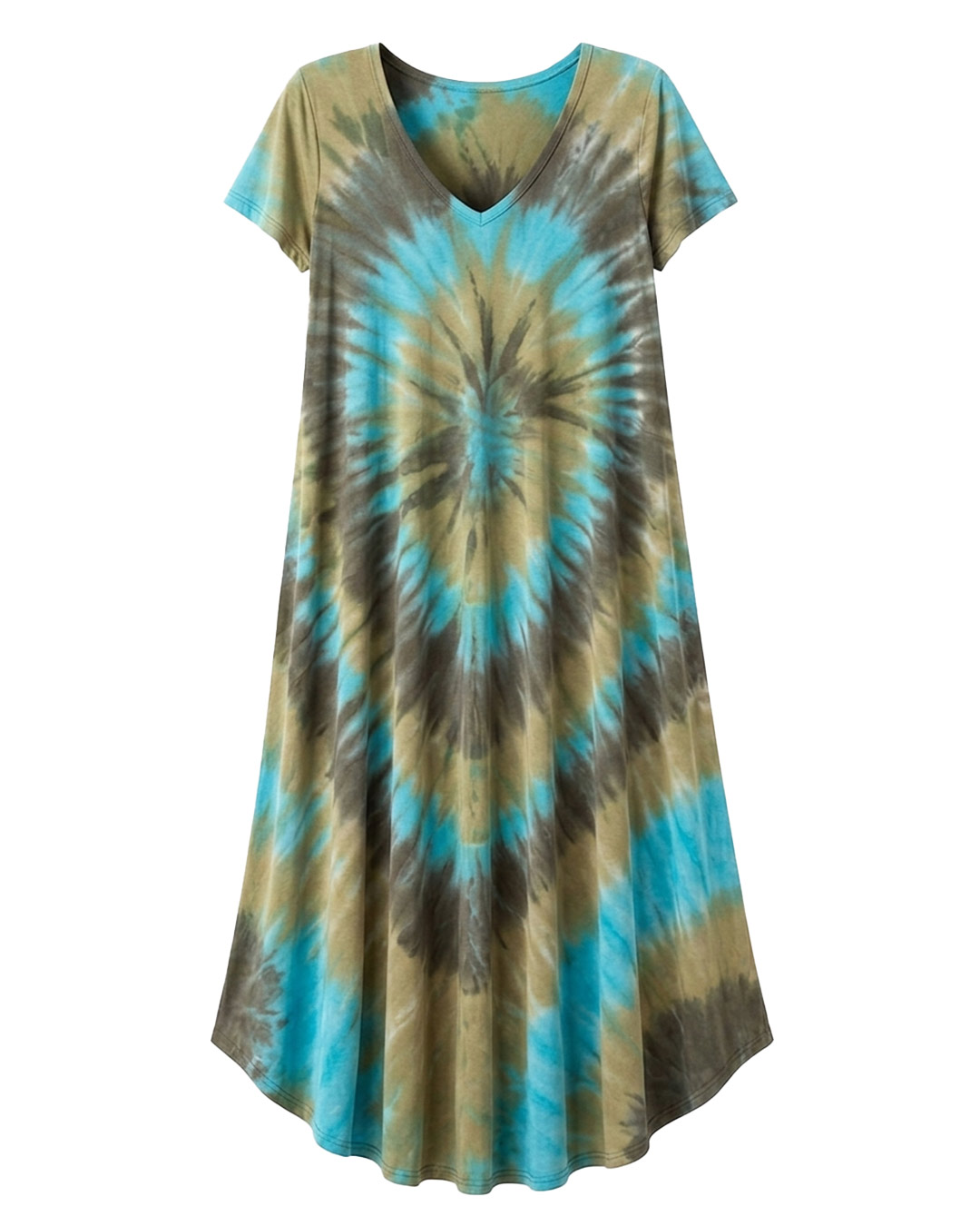 Vestido Bora Bora: vestido largo de diario con escote en pico, bajo asimétrico en picos y estampado tie-dye turquesa en tejido fluido de viscosa de Quiles_Shop.