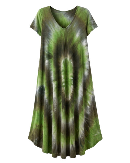 Vestido Bora Bora: vestido largo de diario con escote en pico, bajo asimétrico en picos y estampado tie-dye turquesa en tejido fluido de viscosa de Quiles_Shop.