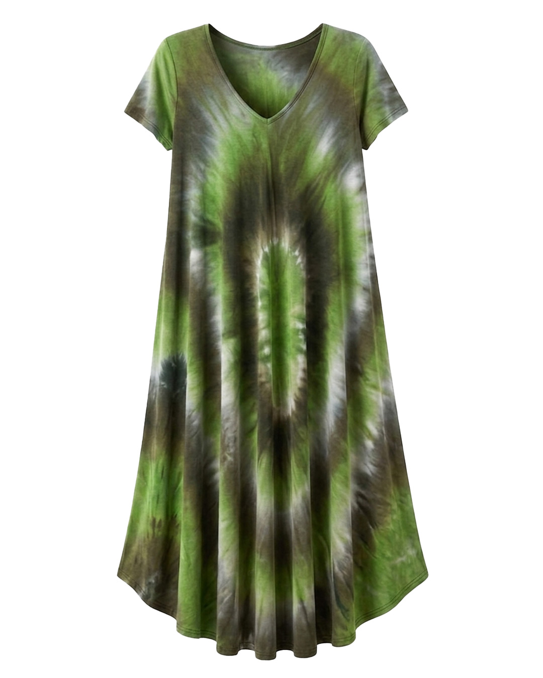 Vestido Bora Bora: vestido largo de diario con escote en pico, bajo asimétrico en picos y estampado tie-dye turquesa en tejido fluido de viscosa de Quiles_Shop.