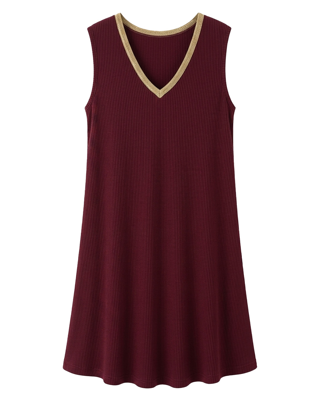 Vestido Brisa: vestido corto de diario sin mangas en punto de viscosa de canalé fino color burdeos con cuello en pico de Quiles_Shop.