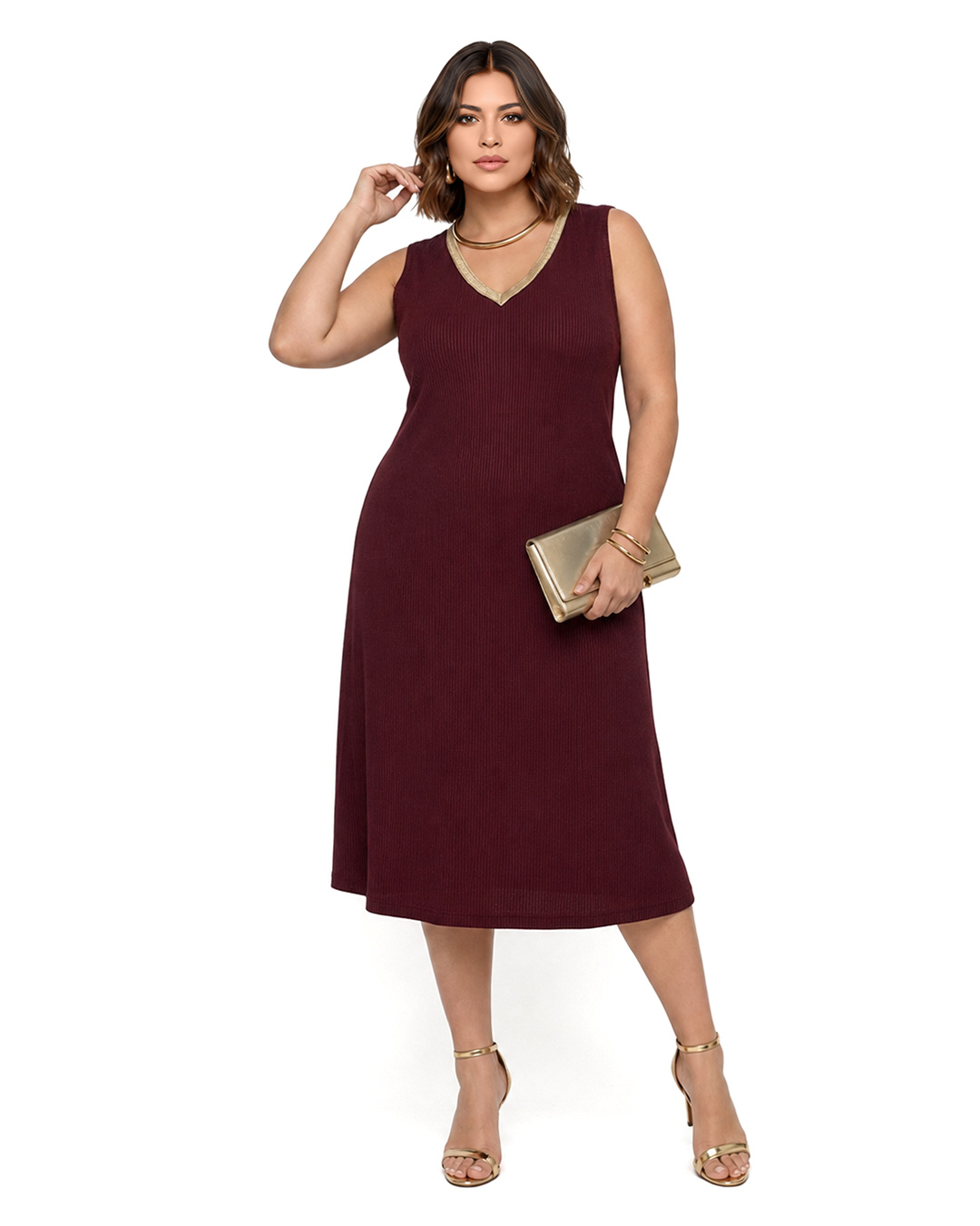 Vestido Brisa: vestido corto de diario sin mangas en punto de viscosa de canalé fino color burdeos con cuello en pico de Quiles_Shop.