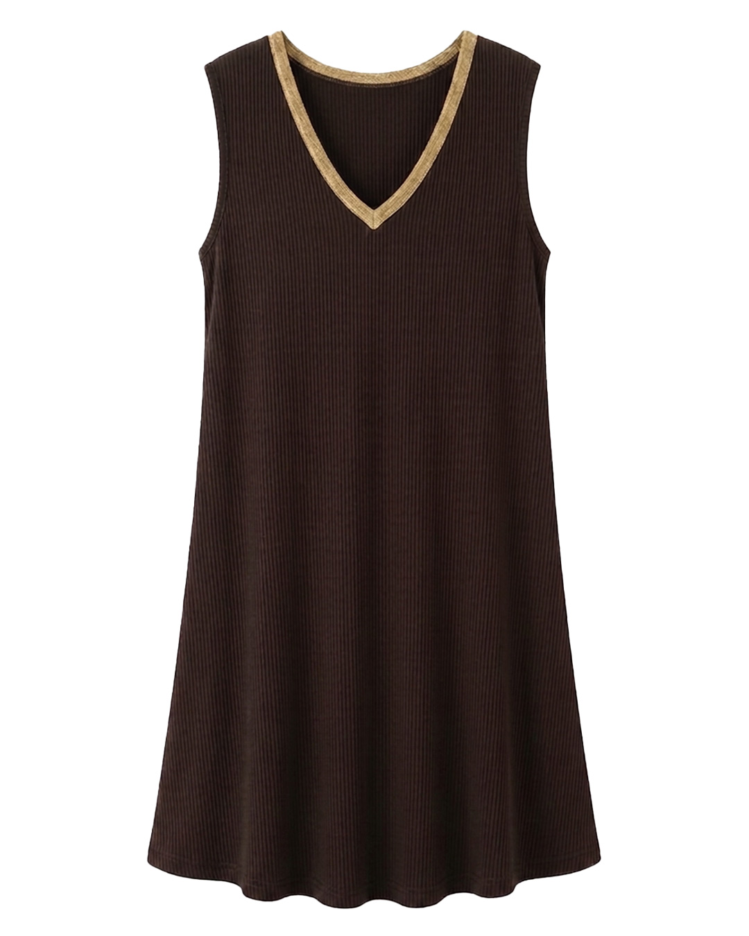 Vestido Brisa: vestido corto de diario sin mangas en punto de viscosa de canalé fino color marrón con cuello en pico de Quiles_Shop.