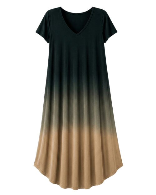 Vestido Crepúsculo: vestido largo de diario con manga corta y escote en pico con degradado difuminado de Quiles_Shop.