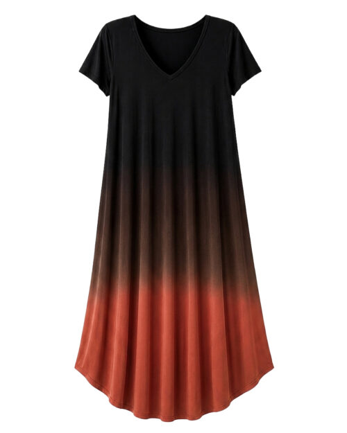 Vestido Crepúsculo: vestido largo de diario con manga corta y escote en pico con degradado difuminado de Quiles_Shop.