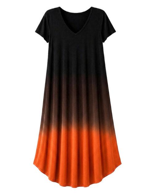 Vestido Crepúsculo: vestido largo de diario con manga corta y escote en pico con degradado difuminado de Quiles_Shop.