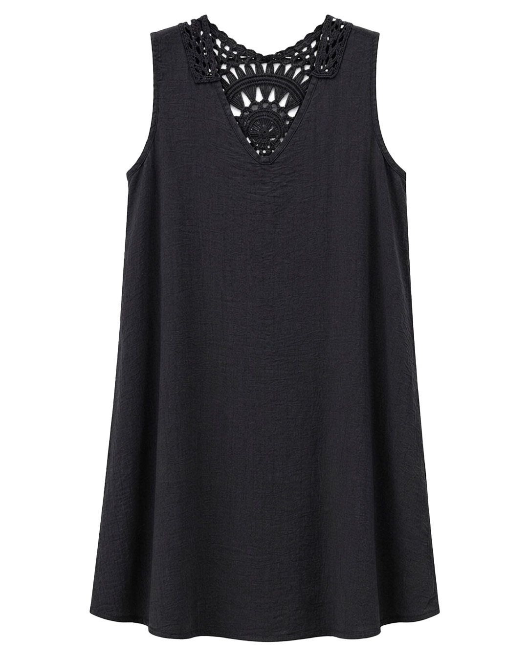 Vestido Creta: vestido de diario corto de tirantes anchos color negro en viscosa efecto lino con espalda y escote decorados en guipur calado de Quiles_Shop.