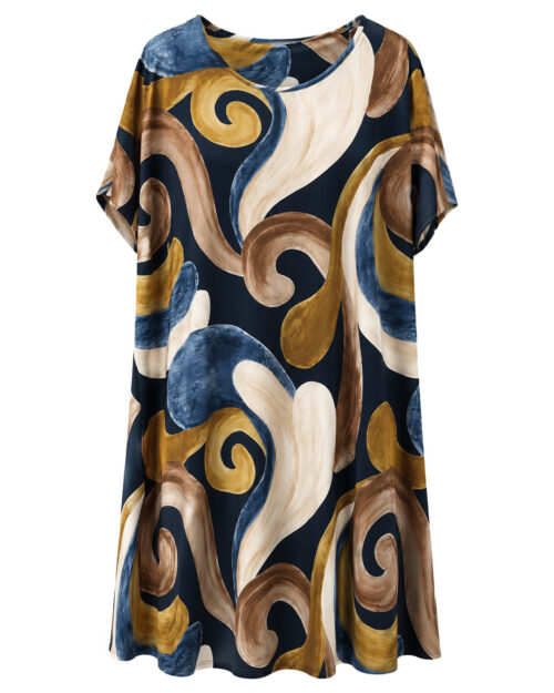 Vestido Esencia: vestido midi suelto de licra fría para mujeres reales de tallas curvy con estampado, cuello redondo y manga corta caída de Quiles_Shop.
