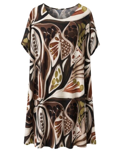 Vestido Esencia: vestido midi suelto de licra fría para mujeres reales de tallas curvy con estampado, cuello redondo y manga corta caída de Quiles_Shop.