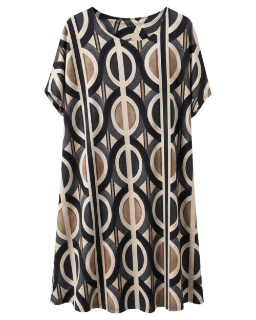 Vestido Esencia: vestido midi suelto de licra fría para mujeres reales de tallas curvy con estampado, cuello redondo y manga corta caída de Quiles_Shop.