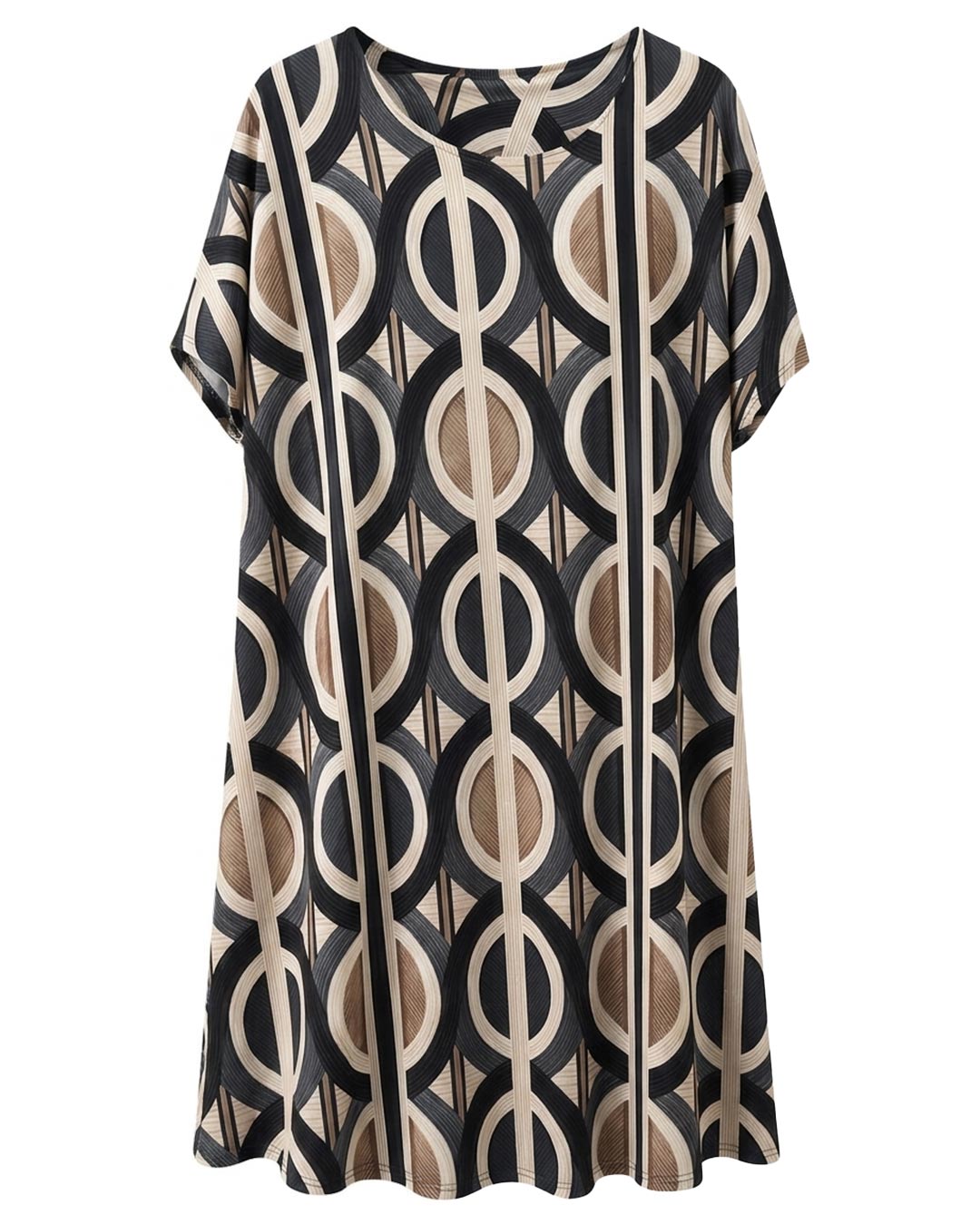 Vestido Esencia: vestido midi suelto de licra fría para mujeres reales de tallas curvy con estampado, cuello redondo y manga corta caída de Quiles_Shop.