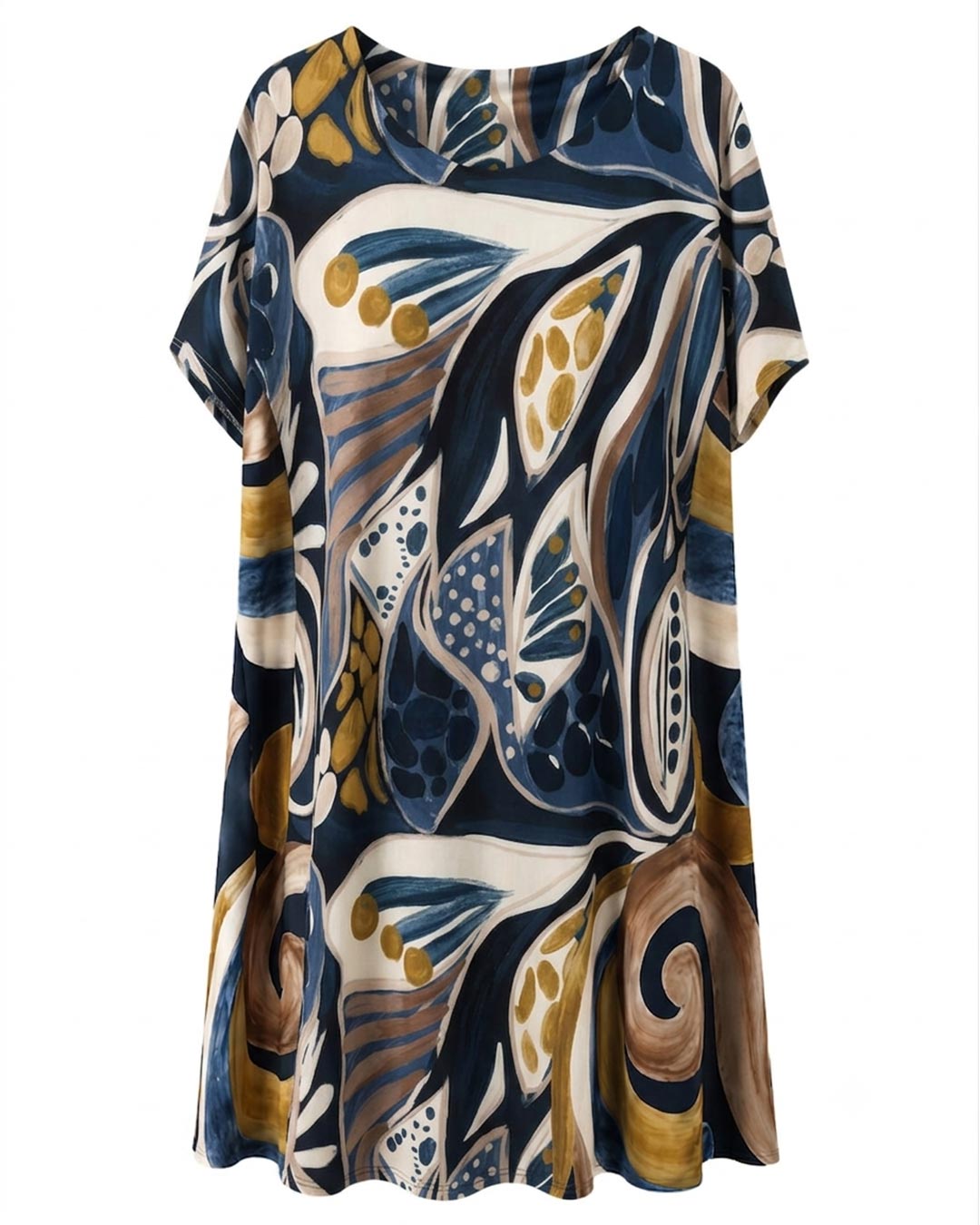 Vestido Esencia: vestido midi suelto de licra fría para mujeres reales de tallas curvy con estampado, cuello redondo y manga corta caída de Quiles_Shop.