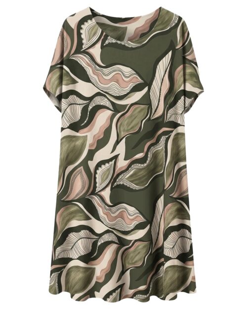 Vestido Esencia: vestido midi suelto de licra fría para mujeres reales de tallas curvy con estampado, cuello redondo y manga corta caída de Quiles_Shop.