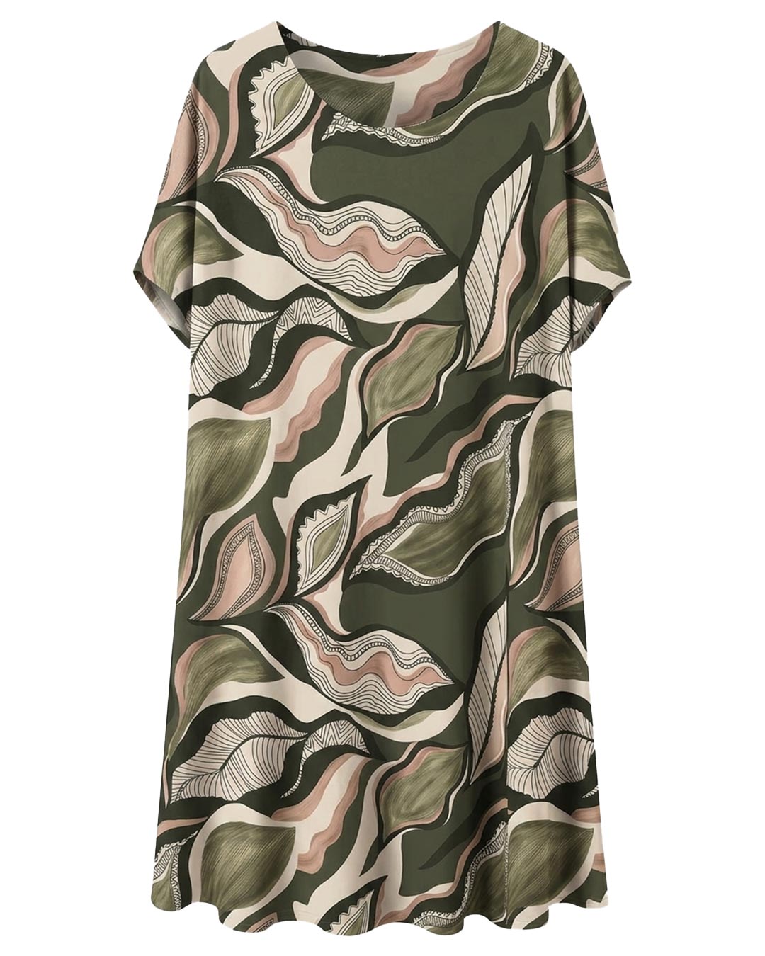 Vestido Esencia: vestido midi suelto de licra fría para mujeres reales de tallas curvy con estampado, cuello redondo y manga corta caída de Quiles_Shop.