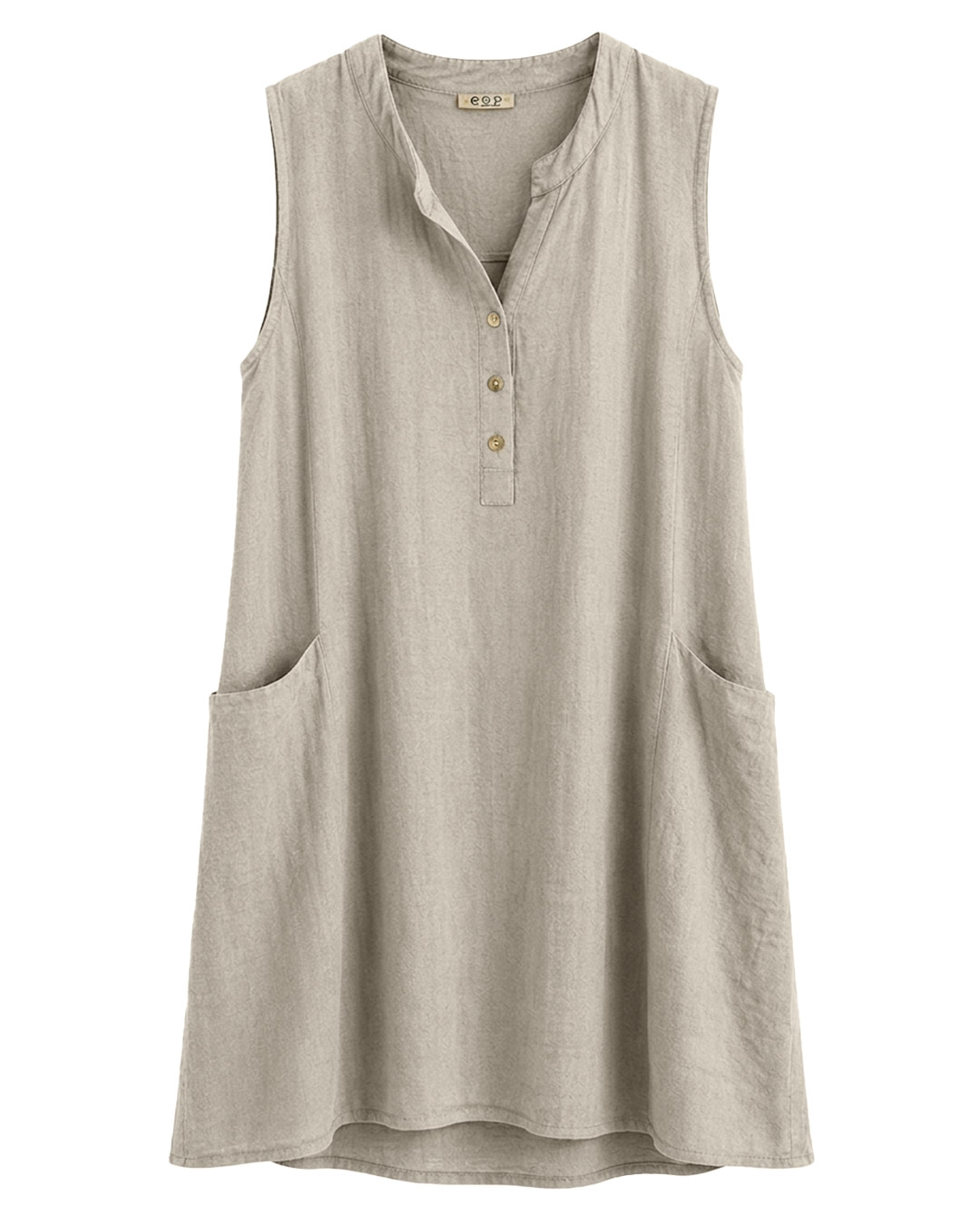 Vestido Formentera: vestido corto suelto de lino y algodón para mujeres reales de tallas curvy con cuello mao, escote de botones, bolsillos y diseño sin mangas de Quiles_Shop.