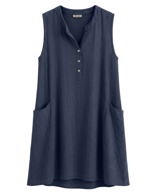 Vestido Formentera: vestido corto suelto de lino y algodón para mujeres reales de tallas curvy con cuello mao, escote de botones, bolsillos y diseño sin mangas de Quiles_Shop.