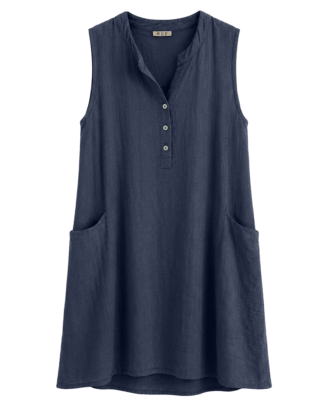 Vestido Formentera: vestido corto suelto de lino y algodón para mujeres reales de tallas curvy con cuello mao, escote de botones, bolsillos y diseño sin mangas de Quiles_Shop.