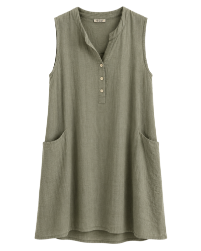 Vestido Formentera: vestido corto suelto de lino y algodón para mujeres reales de tallas curvy con cuello mao, escote de botones, bolsillos y diseño sin mangas de Quiles_Shop.