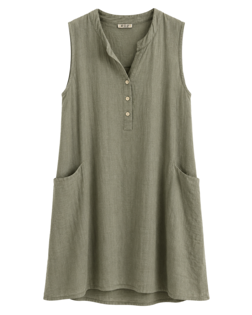 Vestido Formentera: vestido corto suelto de lino y algodón para mujeres reales de tallas curvy con cuello mao, escote de botones, bolsillos y diseño sin mangas de Quiles_Shop.