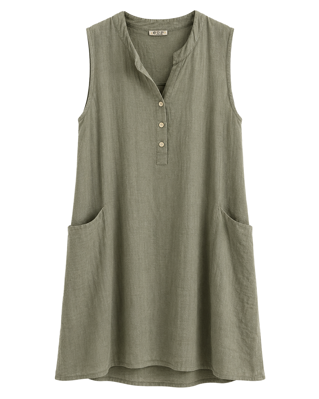 Vestido Formentera: vestido corto suelto de lino y algodón para mujeres reales de tallas curvy con cuello mao, escote de botones, bolsillos y diseño sin mangas de Quiles_Shop.