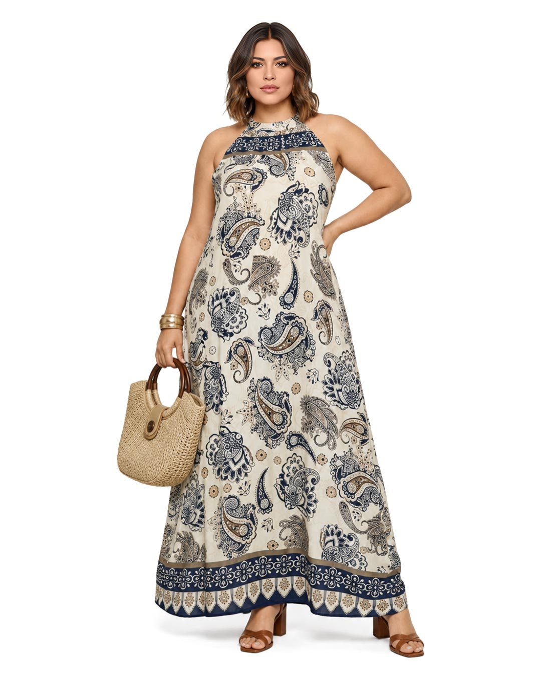 Vestido Halter Print: vestido largo con cuello halter para mujeres reales de tallas curvy con estampado ornamental paisley de Quiles_Shop.