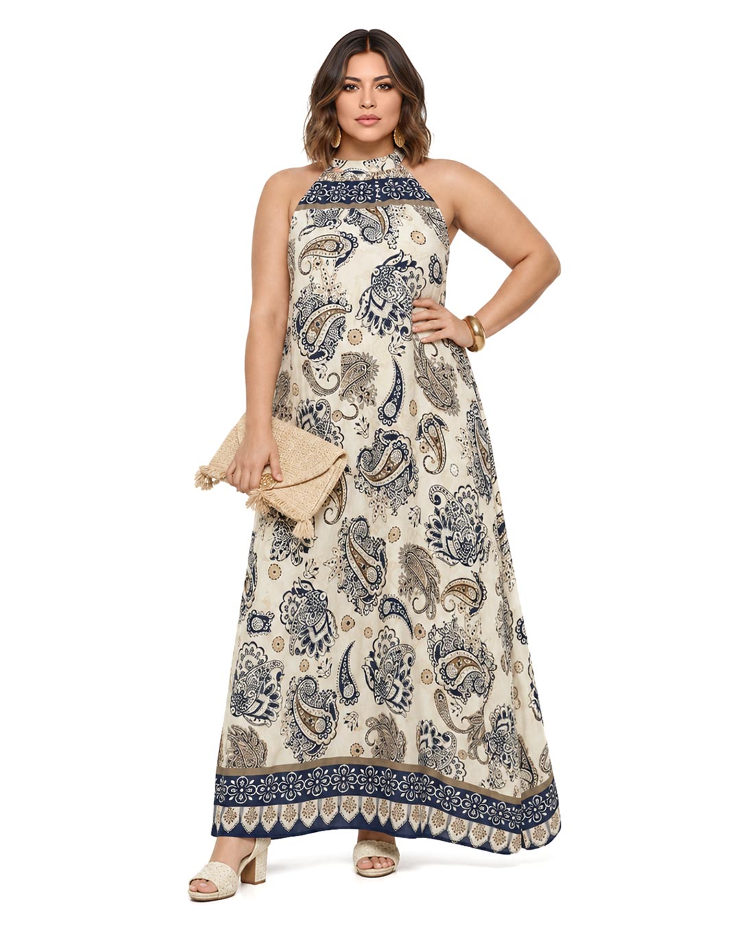 Vestido Halter Print: vestido largo con cuello halter para mujeres reales de tallas curvy con estampado ornamental paisley de Quiles_Shop.