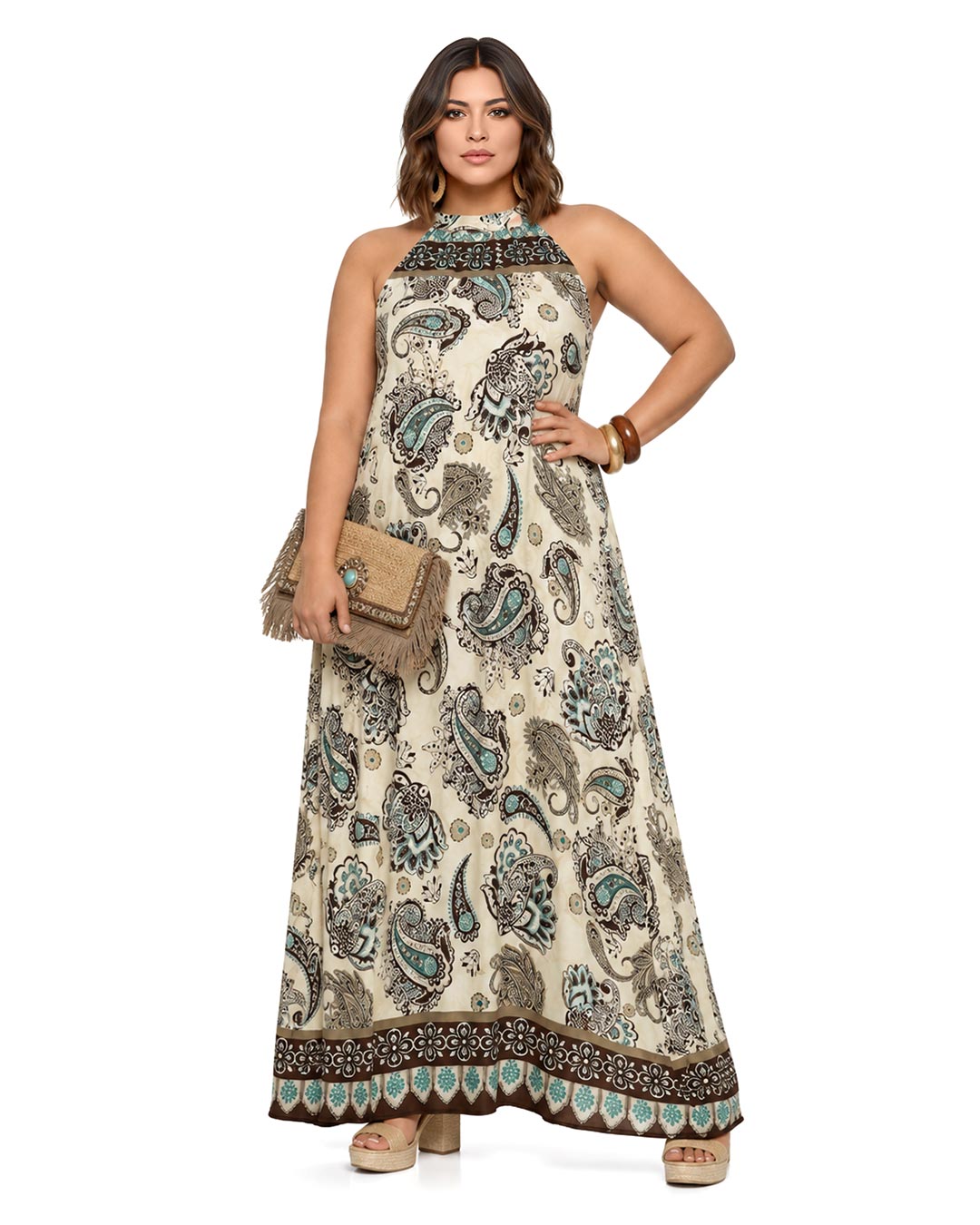 Vestido Halter Print: vestido largo con cuello halter para mujeres reales de tallas curvy con estampado ornamental paisley de Quiles_Shop.