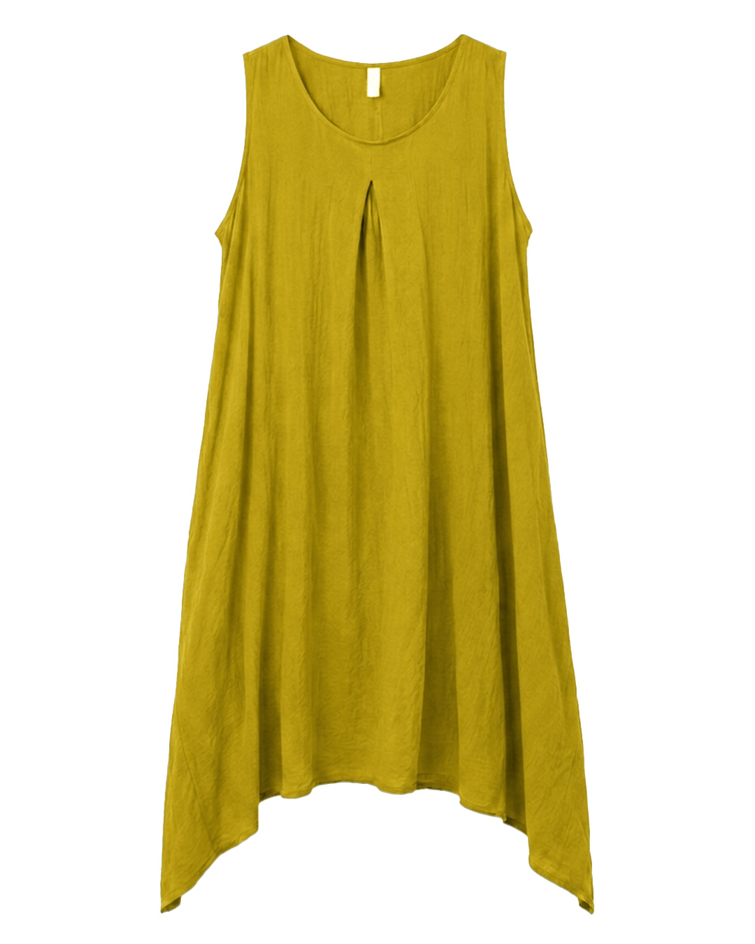 Vestido Ibiza: vestido largo sin mangas de tejido fluido con efecto lino para mujeres reales de tallas curvy con escote redondo, pliegue central delantero, prácticos bolsillos laterales y bajo asimétrico de Quiles_Shop.