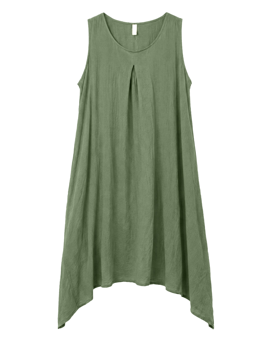 Vestido Ibiza: vestido largo sin mangas de tejido fluido con efecto lino para mujeres reales de tallas curvy con escote redondo, pliegue central delantero, prácticos bolsillos laterales y bajo asimétrico de Quiles_Shop.