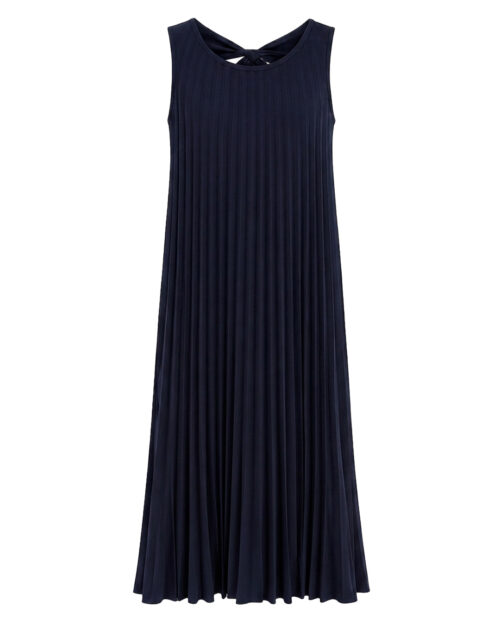 Vestido Lazada Plisado: vestido fiesta color marino con tejido plisado, cuello redondo y detalle de lazada superior de Quiles_Shop.