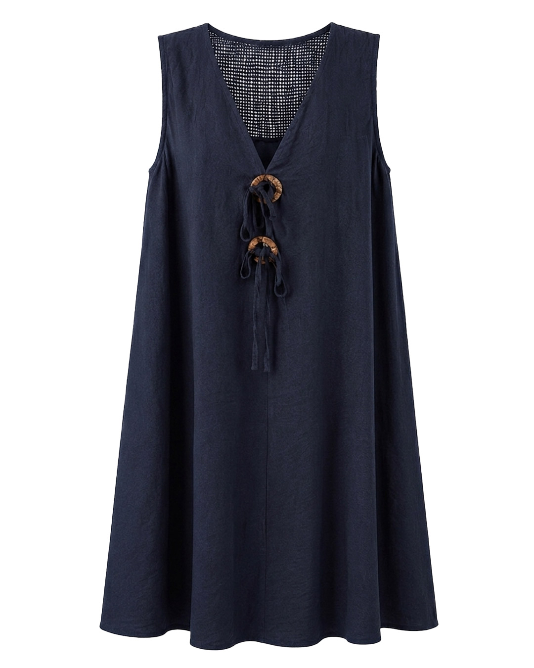 Vestido Madeira: vestido corto suelto de viscosa efecto lino para mujeres reales de tallas curvy con detalles de madera, lazos regulables y espalda calada de Quiles_Shop.