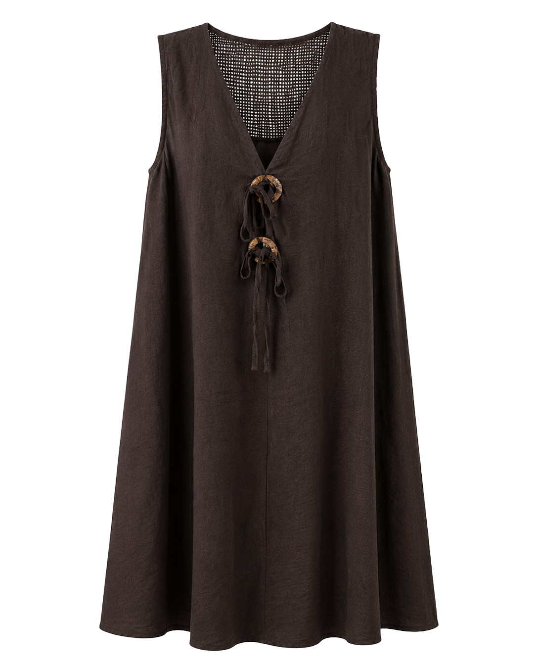 Vestido Madeira: vestido corto suelto de viscosa efecto lino para mujeres reales de tallas curvy con detalles de madera, lazos regulables y espalda calada de Quiles_Shop.