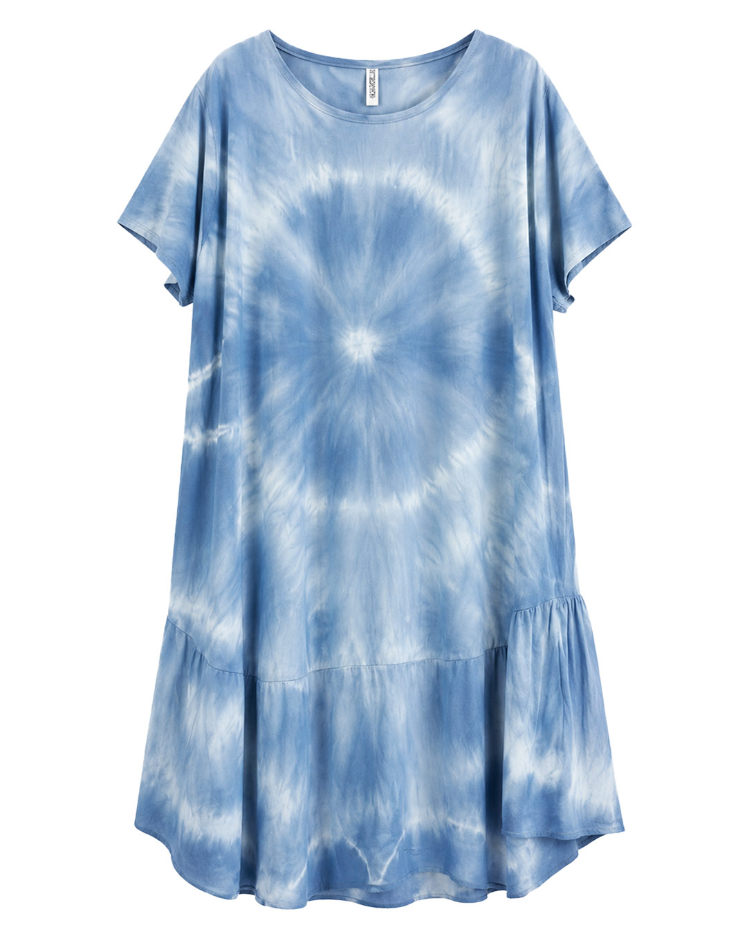 Vestido Malibú: vestido midi de tejido fluido de viscosa para mujeres reales de tallas curvy con estampado tie-dye, cuello redondo, manga corta suelta y volante bajo de Quiles_Shop.