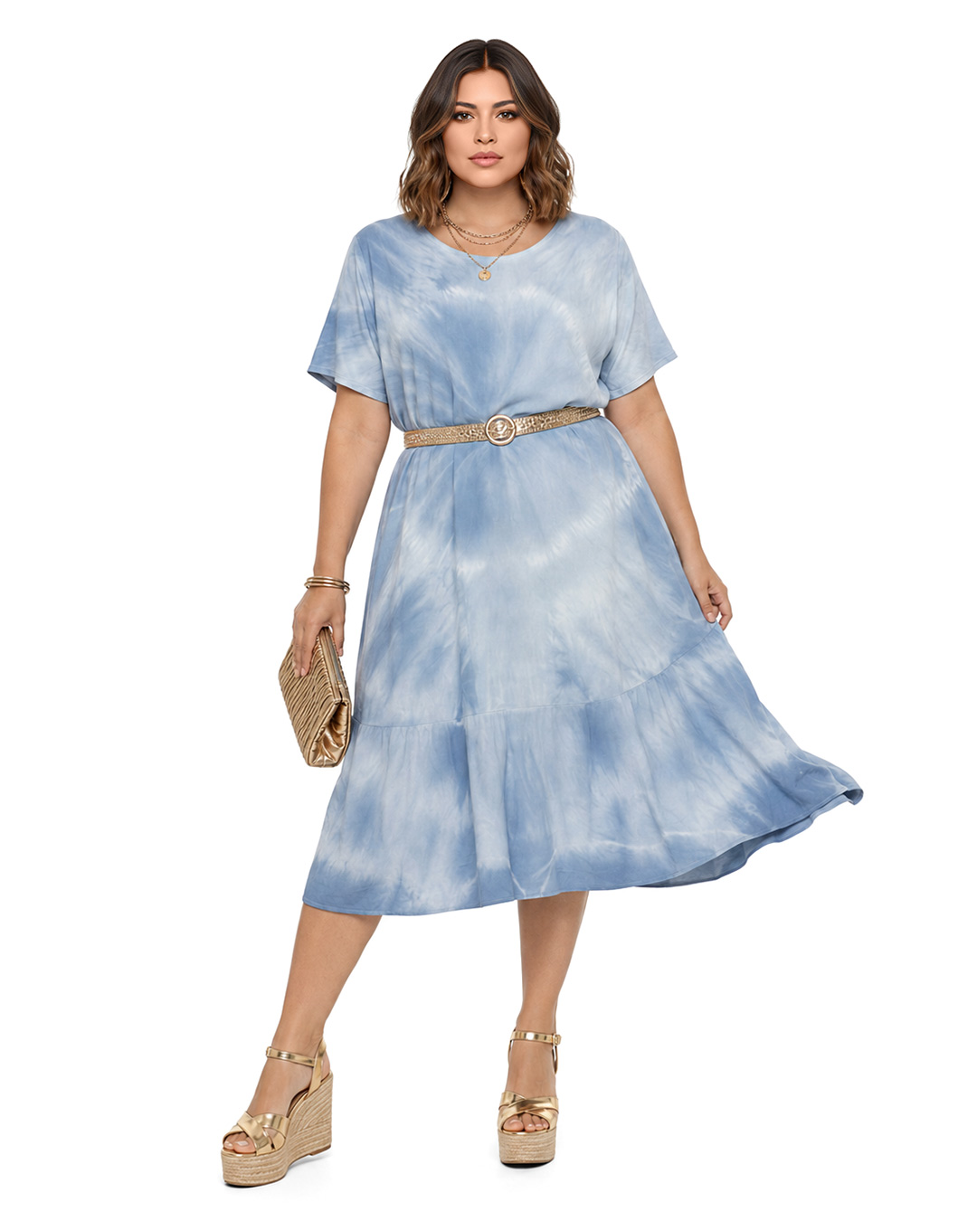 Vestido Malibú: vestido midi de tejido fluido de viscosa para mujeres reales de tallas curvy con estampado tie-dye, cuello redondo, manga corta suelta y volante bajo de Quiles_Shop.