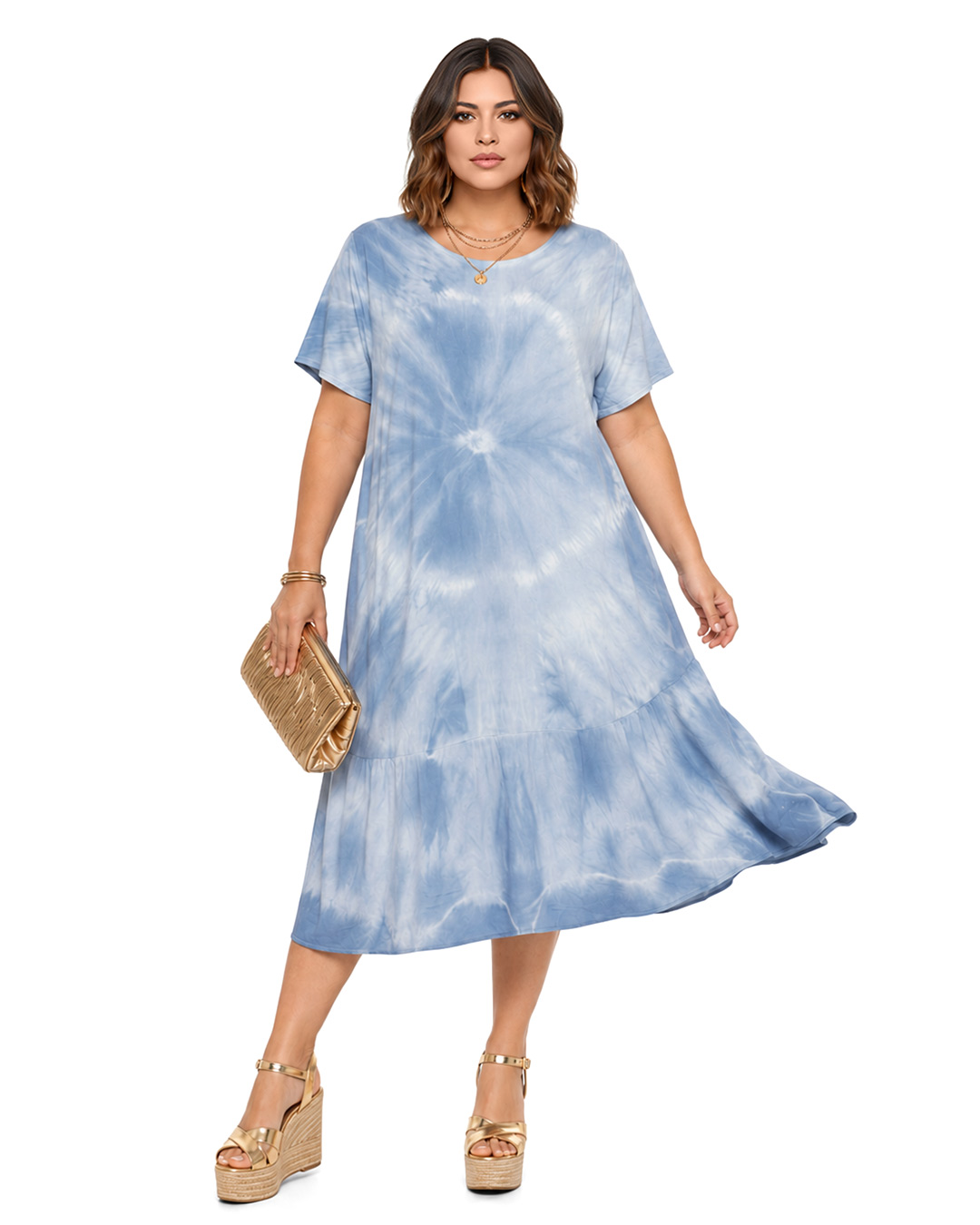 Vestido Malibú: vestido midi de tejido fluido de viscosa para mujeres reales de tallas curvy con estampado tie-dye, cuello redondo, manga corta suelta y volante bajo de Quiles_Shop.
