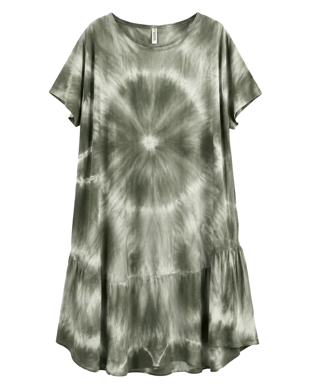 Vestido Malibú: vestido midi de tejido fluido de viscosa para mujeres reales de tallas curvy con estampado tie-dye, cuello redondo, manga corta suelta y volante bajo de Quiles_Shop.