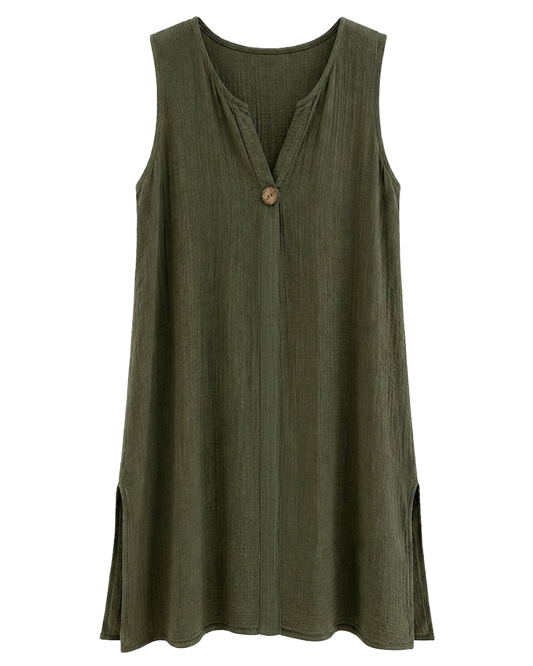 Vestido Menorca: vestido de diario corto sin mangas color verde en viscosa texturizada con cuello en pico, botón de madera y aberturas laterales de Quiles_Shop.