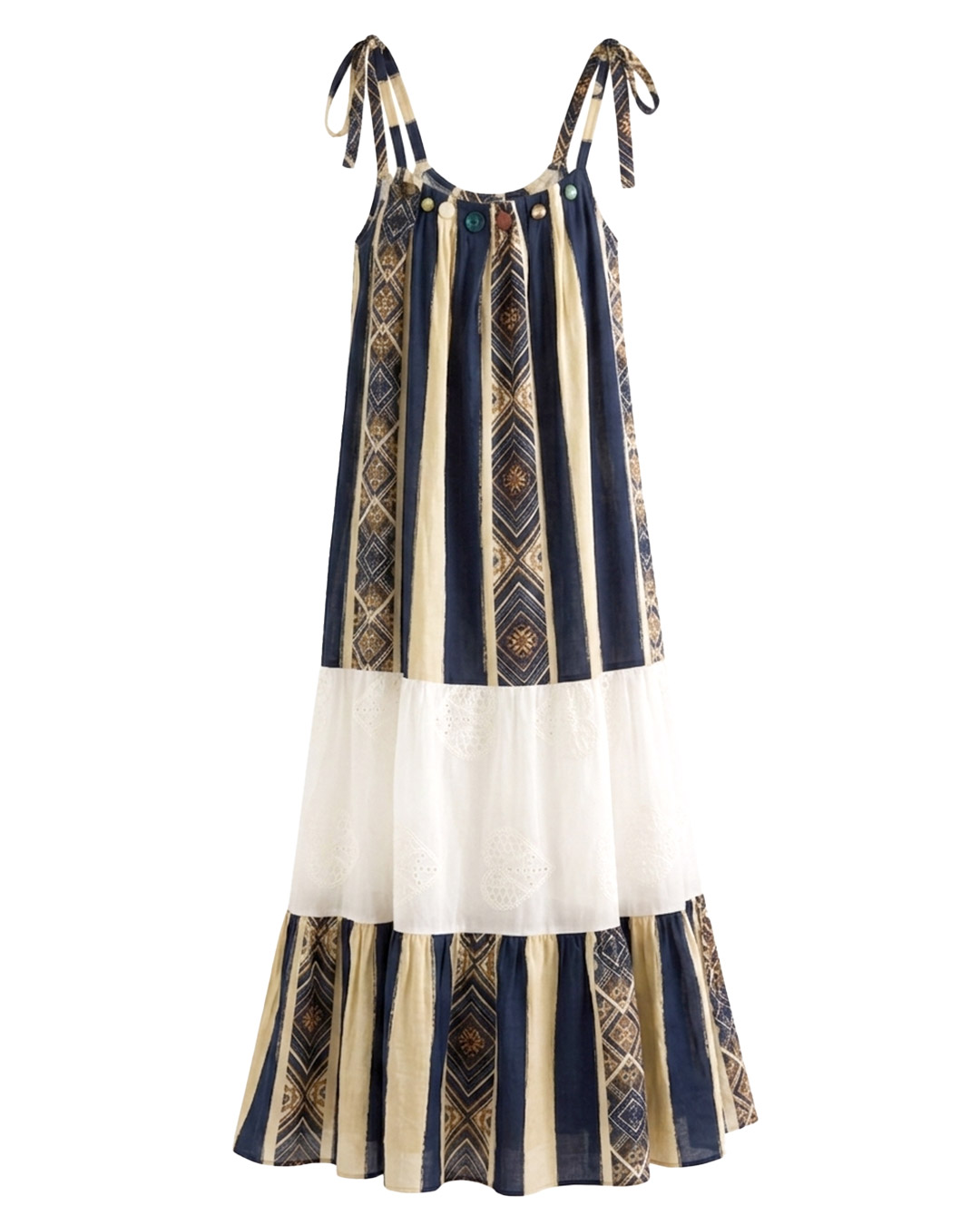 Vestido Nómada: vestido largo de estilo bohemio con rayas verticales azul marino y beige, tirantes ajustables y detalle de encaje blanco de Quiles_Shop.