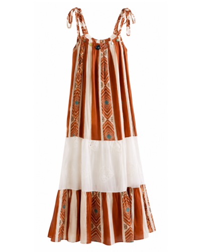Vestido Nómada: vestido largo de estilo bohemio, tirantes ajustables y detalle de encaje blanco de Quiles_Shop.