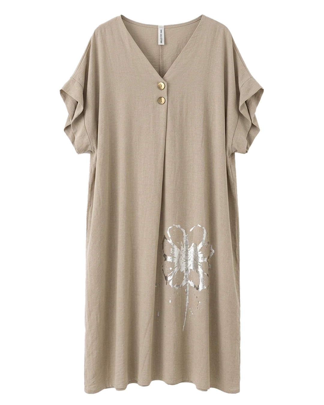 Vestido Petalos: vestido casual midi de lino para mujer real de tallas grandes baratas con cuello en pico con botones, manga corta suelta y detalle de flor metalizada de Quiles_Shop.