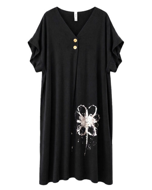 Vestido Petalos: vestido casual midi de lino para mujer real de tallas grandes baratas con cuello en pico con botones, manga corta suelta y detalle de flor metalizada de Quiles_Shop.