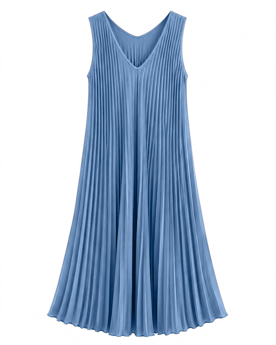 Vestido Plisado: vestido midi de tejido suelto con pliegues para mujeres reales de tallas curvy con escote en pico, diseño sin mangas y corte en diagonal de Quiles_Shop.